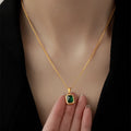 Hot New Gold Plated Stainless Steel Chain Rectangle Green Zircon Pendant Necklace Jewelry for Women
