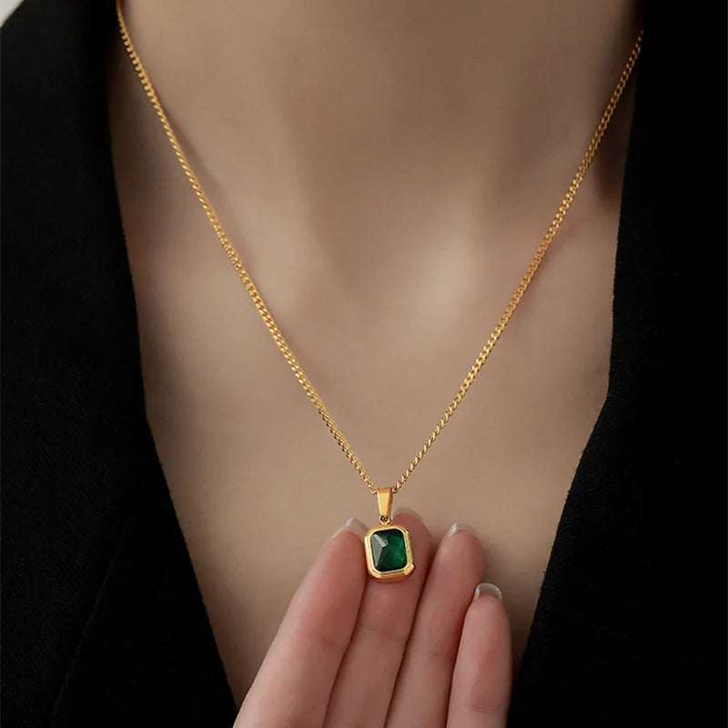 Hot New Gold Plated Stainless Steel Chain Rectangle Green Zircon Pendant Necklace Jewelry for Women
