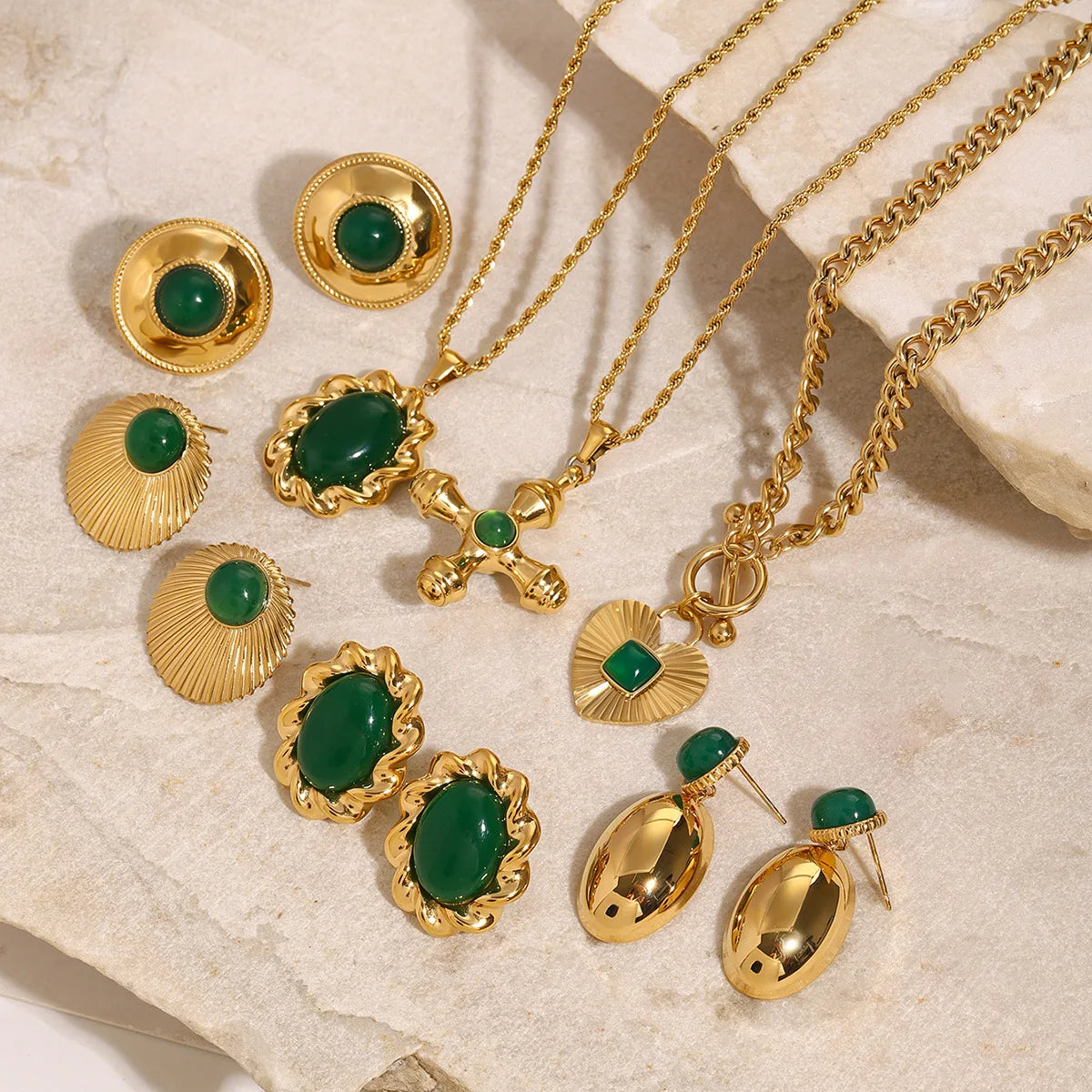 Ilona Emerald Natural Stone Exquisite Pendants Vintage Jewelry Set Stainless Steel Gold Plated Jewelry Sets