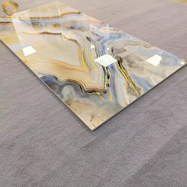 Light Luxury Polished Custom Modern White Bathroom Backdrop Walls Gold Patterned Floor Tiles Ceramic