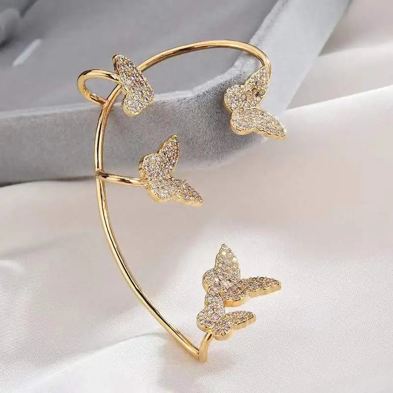 Wrap Crawler Gold Plated Earrings Non Pierced Drop Dangle Butterfly Luxury Crystal Long Ear Cuff Wedding Women Girls Alloy