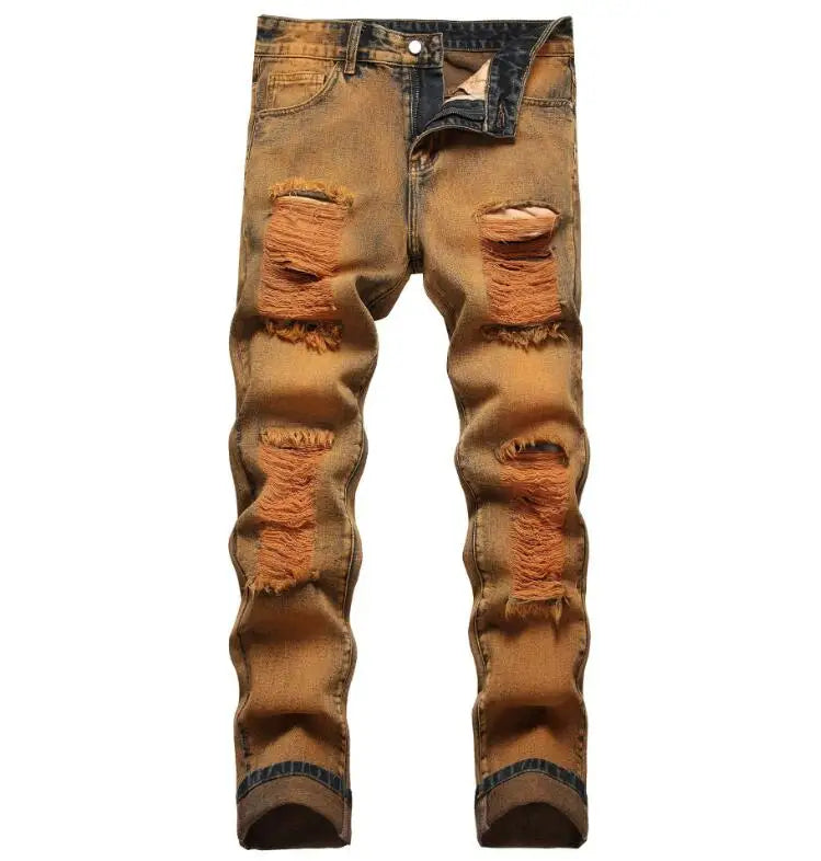 Wholesale Vintage Hole Ripped Distressed Jeans Men Straight Washed Hip Hop Straight Denim Trousers