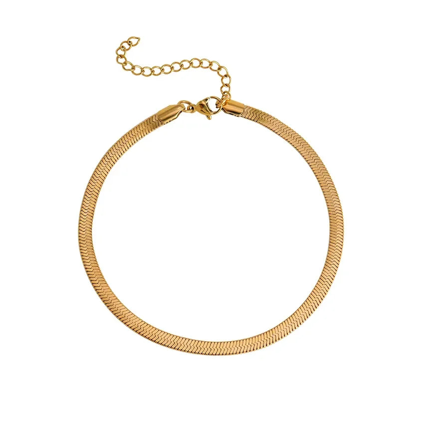 Minimalist Trendy Herringbone Chain Bracelet Anklet Sets 18K Gold Plated Jewelry Waterproof Stainless Steel Flat Snake Chains