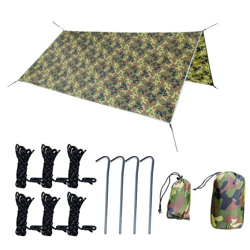 Multifunctional Camouflage Four-Corner Polyester Rain Fly Tarps Waterproof Sun Shade Camping Canopy Tents