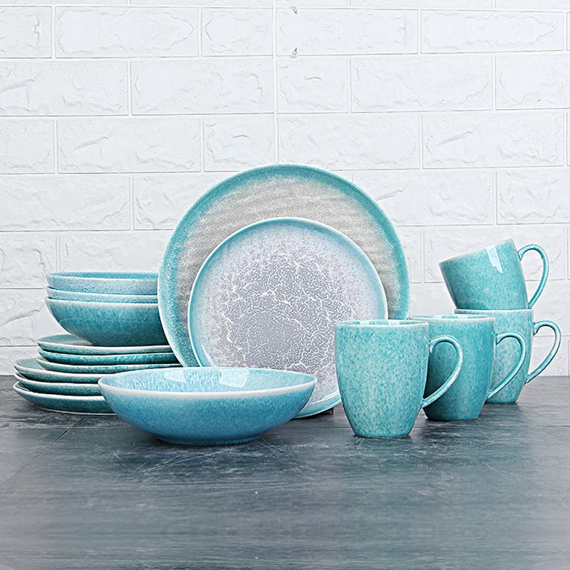 16 Pieces High Quality Tableware Restaurant Porcelain Dish Custom Logo Cyan Shiny Round Ceramic Plates Set Dinnerware