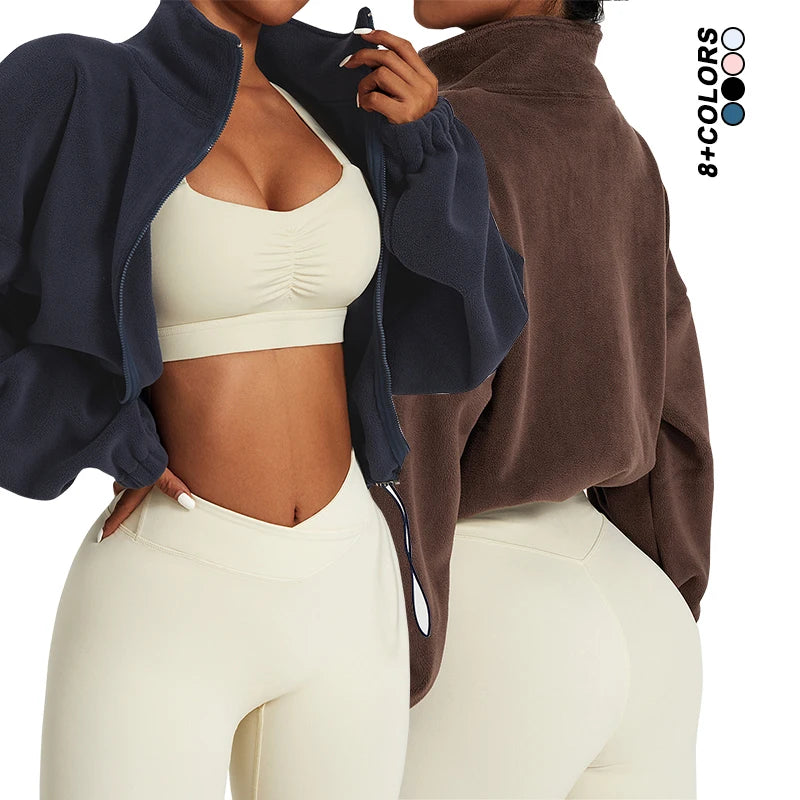 JY Fashion Outdoor Long Sleeve With Zipper Winter Thick Loose Fleece Warm Casual Yoga Sets Jacket Workout Crop Top