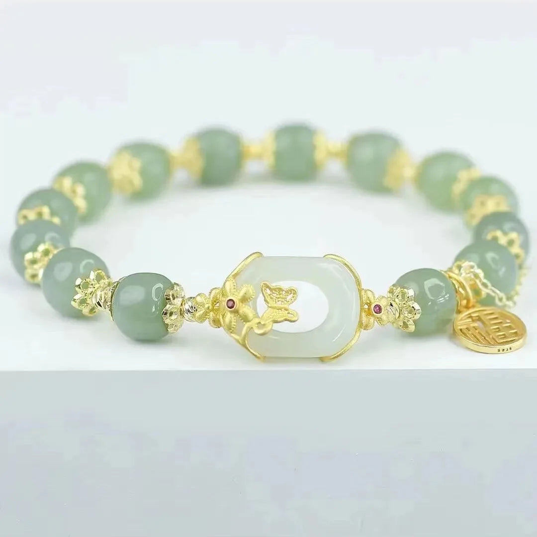 Fashion Imitation Hetian Jade Bracelet Butterfly Jade Beaded Bracelet Freshwater Pearl Green Aventurine Stone Pendant Bracelet