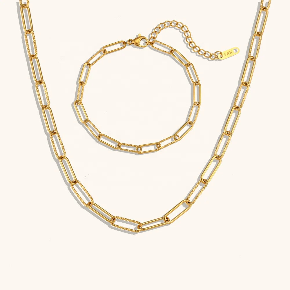 Fashion Paper Clip Chain Necklaces Bracelets 18k Gold Plated Stainless Steel Waterproof Jewelry Set