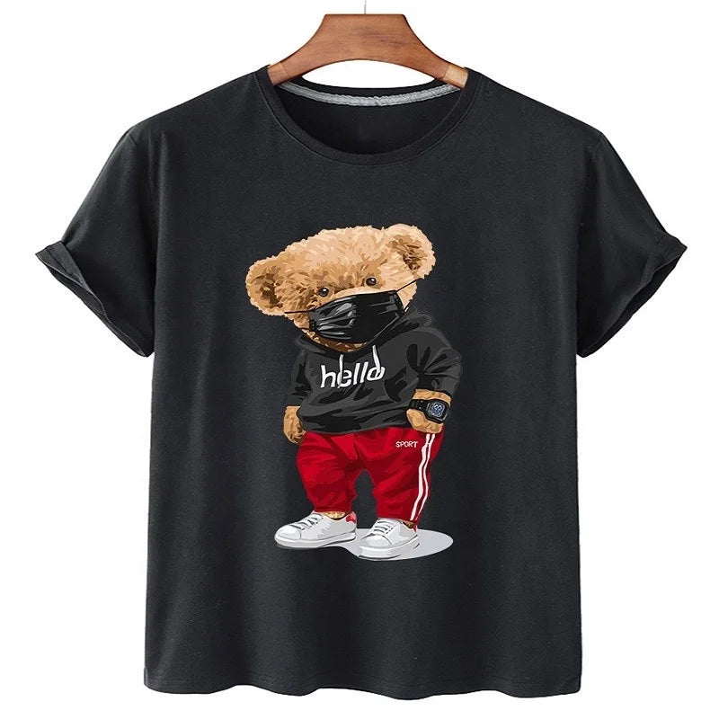 100% Cotton Sports Mask-Bear Print Short-sleeved T-shirt Female Half-sleeved Summer Casual Oversized T-shirt Ladies Shirt S-4XL