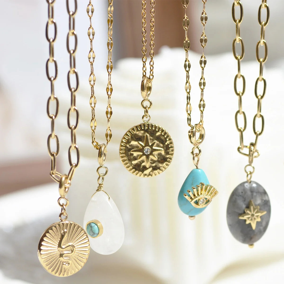 Vintage Jewelry Stainless Steel Gold Plated Bead Cross Chain Custom Necklace Enamel Geometric Natural Stone Pendant Accessories