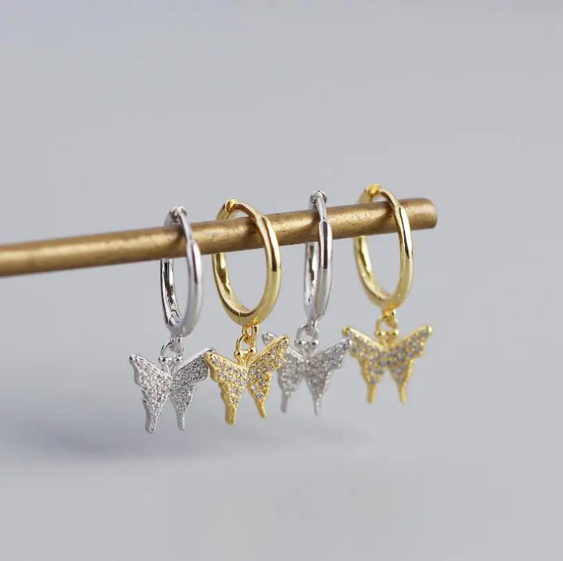Dainty Girls Silver Mini Hoops CZ Pave Huggie Earrings Summer Wedding Jewelry Butterfly Hoop Sterling Silver Rhodium for Gift