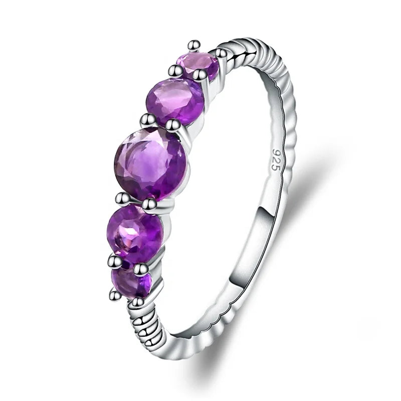 Abiding Classic Ring Round Natural Amethyst Rope Band Ring 925 Sterling Silver Jewelry Women Fashion Wedding Ring