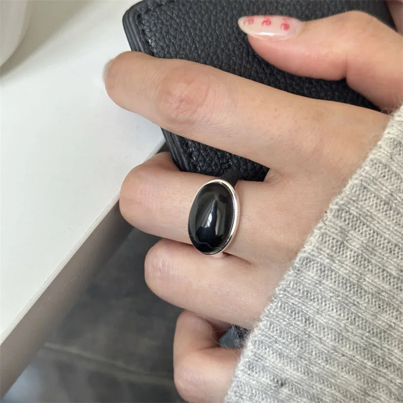 Fine Jewelry 925 Sterling Silver Vintage Women Jewelry Oval Black Agate Ring