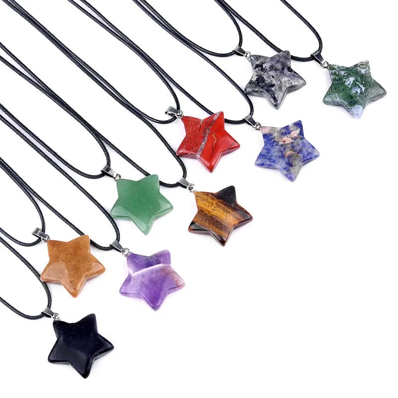 30mm Gemstone Carved Star Pendant Necklace Healing Crystal Amethyst Tiger Eye Rose Quartz Fashionable Leather Rope Star Pendants