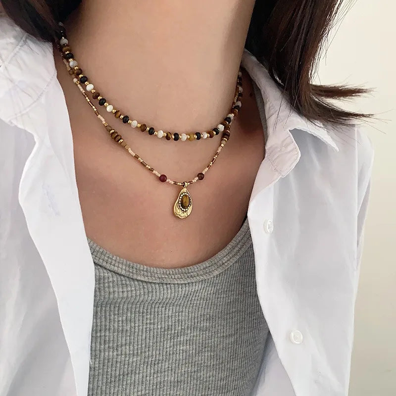 Bohemia Semi-precious Gemstone Necklace Natural Stone Necklace Trendy Tiger Eye Charm Baroque Pearl Jewelry for Women Party Gift