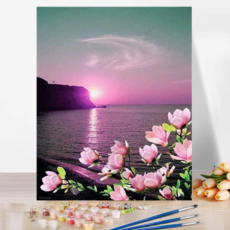 DIY Gift Oil Painted by Number Kits Beauty Flower Painting  for Modern Wall Art Decors Paint 16*20"for Kids Adults Beginner