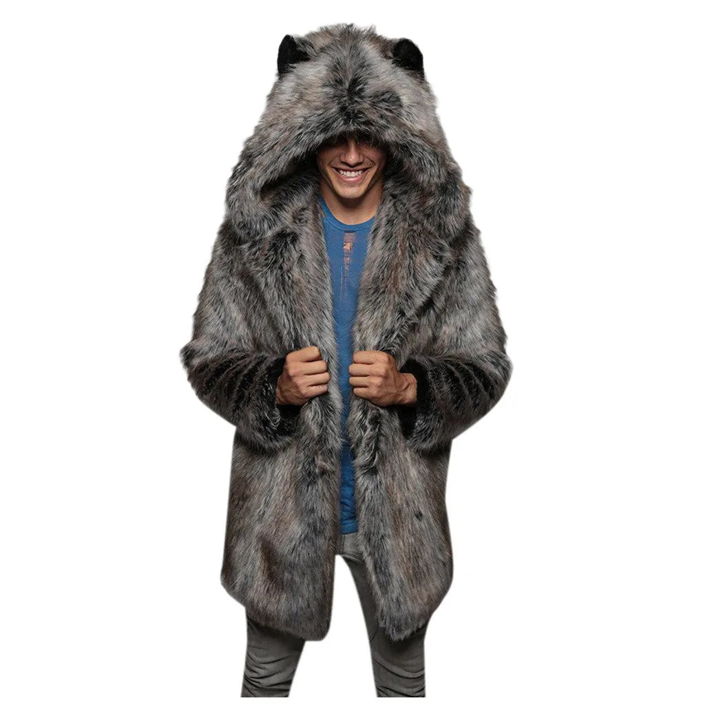 Snow Wear Winter Hooded Thick Warm Jackets Man Luxury Fluffy Black Faux Fur Coat