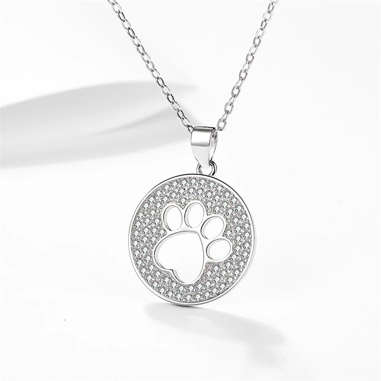 Wholesale Simple Paw Print Pendant 925 Sterling Silver Micro Pave CZ Diamond Round Disc Pendant Necklace for Women