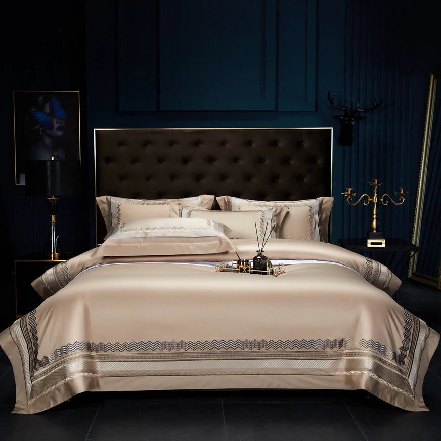 High End Luxury Embroidery Beige Duvet Cover Egyptian Cotton Fluffy Bed Sheet 4 Piece Bedding Set