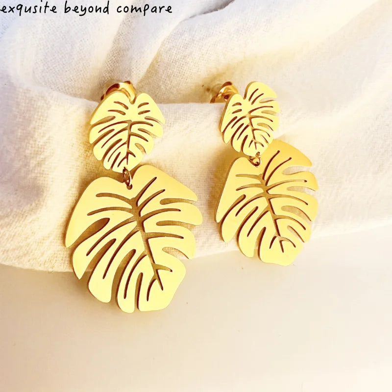 European and American Hot Selling Double Leaf Big Earrings Trend Stainless Steel Earrings