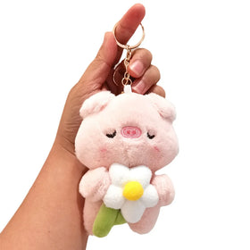 Valentine's Day Cute Soft Stuffed Animal Toy Bag Charm Girl Gift Key Chain Cute Pig Hold Flower Pendant Plush Doll Keychain