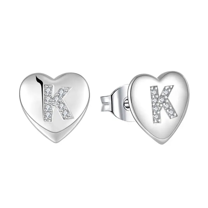 Hot Sale Diamond 925 Sterling Silver Letter Zircon Stud Earrings for Women Custom Desgin Letter K Heart Shaped Stud Earrings