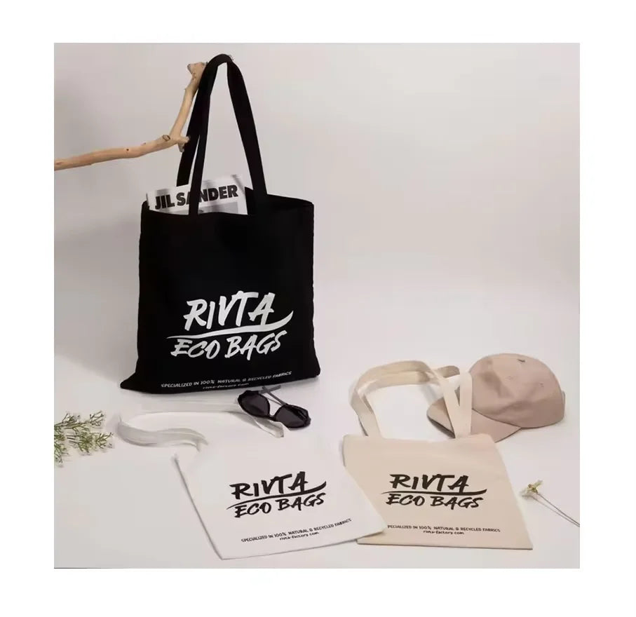 Wholesale Custom Logo Reusable RPET Recycled Cotton Canvas Letter Pattern Tote Shopping Bags