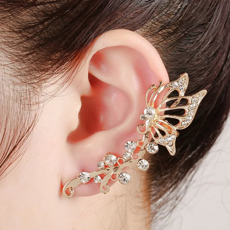 Fashion Women Girl Classic Alloy Gold Jewelry Silver and Crystal Butterfly Clip-On Right Single Left Earring