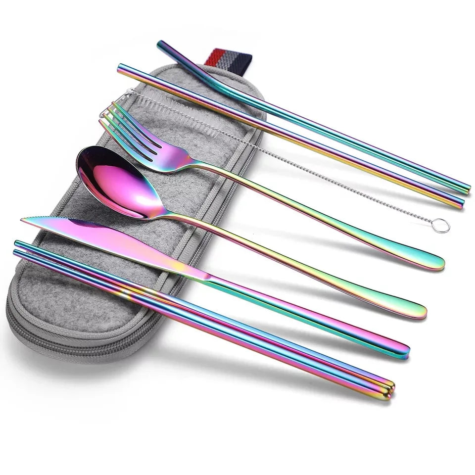 Outdoor Travel Portable Stainless Steel Straw Cutlery Camping Flatware Set Utensils With Fork and Spoon MegaBDM