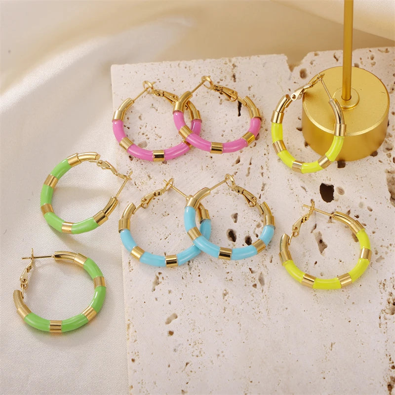 Boho Colorful Enamel Dainty 18K Gold Plated Stainless Steel Hoop Earrings for Women Girls