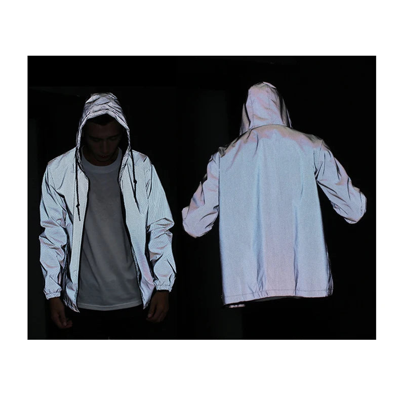 Autumn Workout Casual Men Mesh Printing High Vis Night Shiny Reflective Jacket Hoodie Coat Clothing Windbreaker Street Wear Set