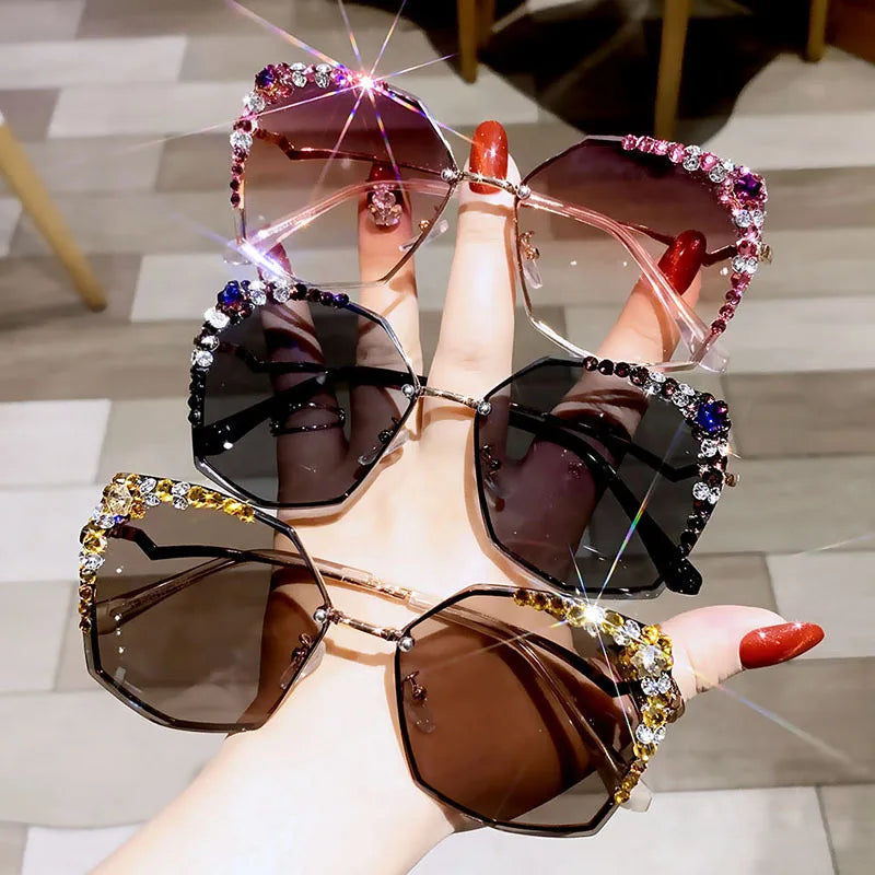 Fashion Vintage Women's Anti-UV Eye Wear Face Shades Eyeglasses Ladies Oversized Female Rimless Diamond Sunglasses