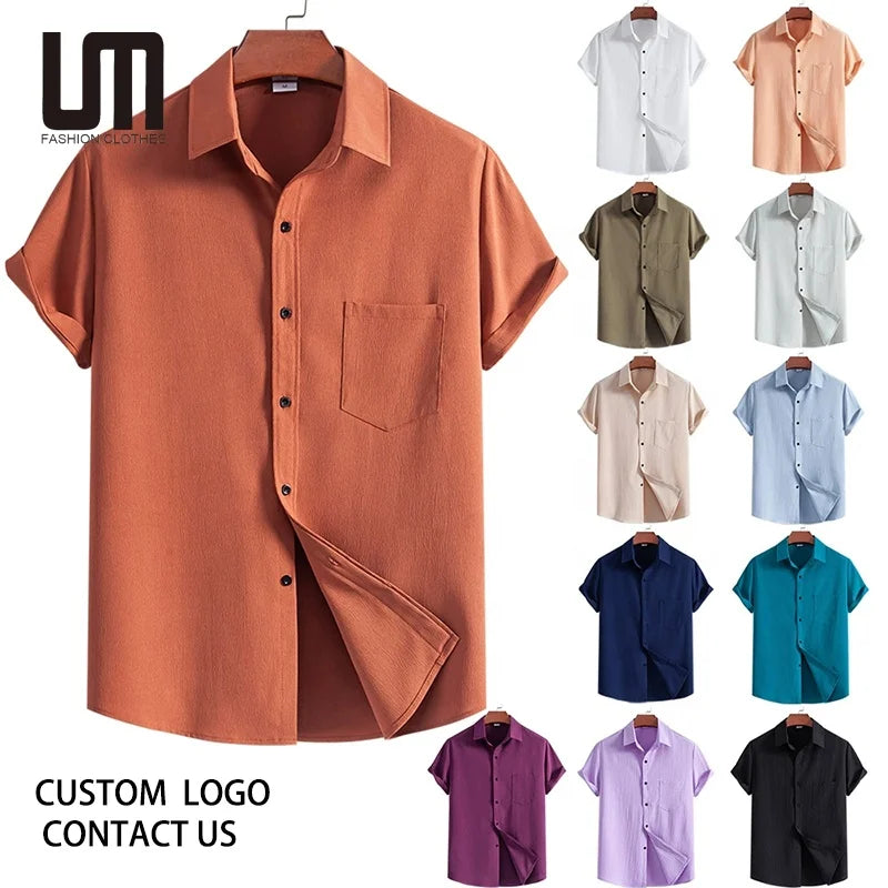 Cheap Wholesale Men Summer Shirt - Short Sleeve Casual Lapel Shirt (Breathable Solid Color Printed Top with Comfortable Fit)