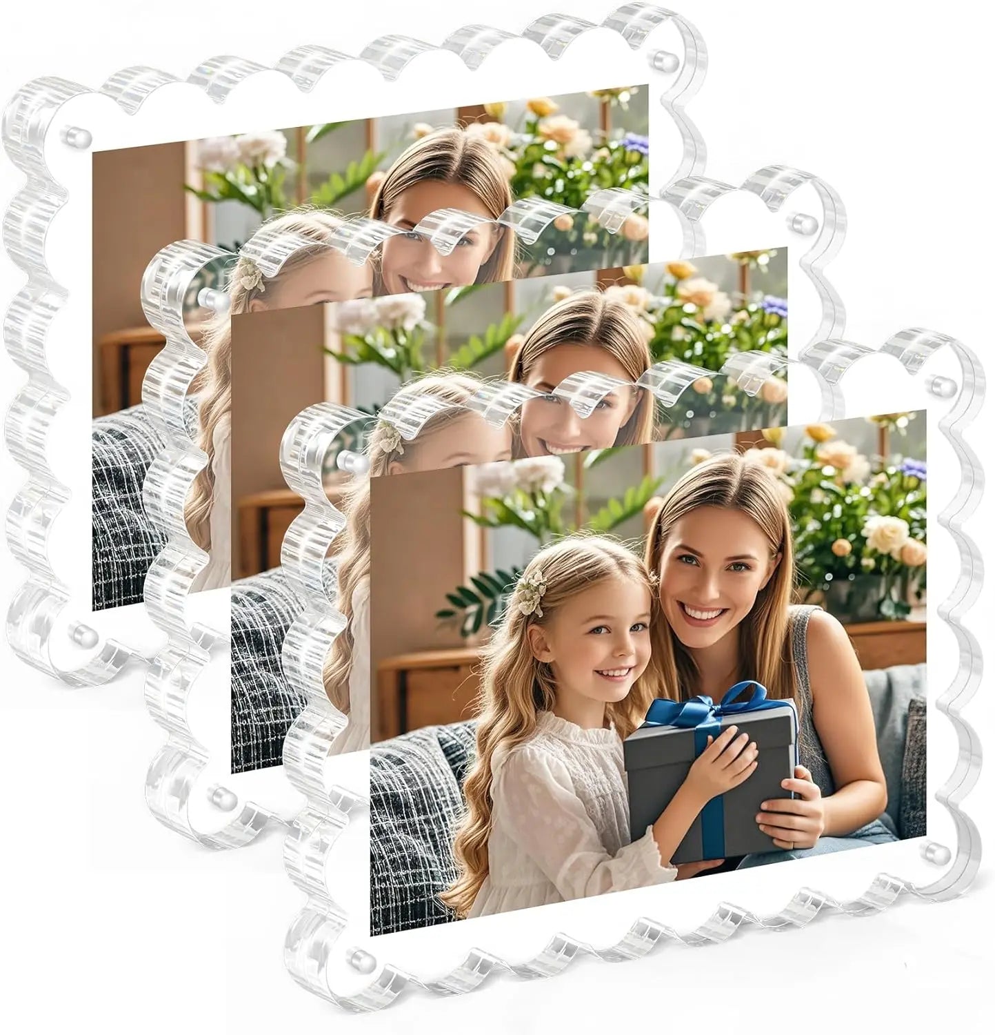 Magnetic Acrylic Picture Frames 5x7 Inch Scalloped Picture Frame with Block Double Sided Clear Frames for Desktop Display
