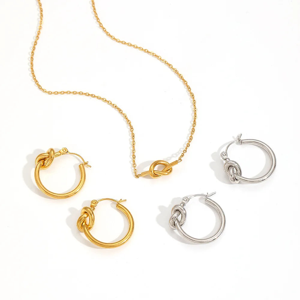 18K Gold Plated Minimalist Anti-Allergenic Stainless Steel Hoop Earrings and Necklace Set Versatile Knot Design for Parties