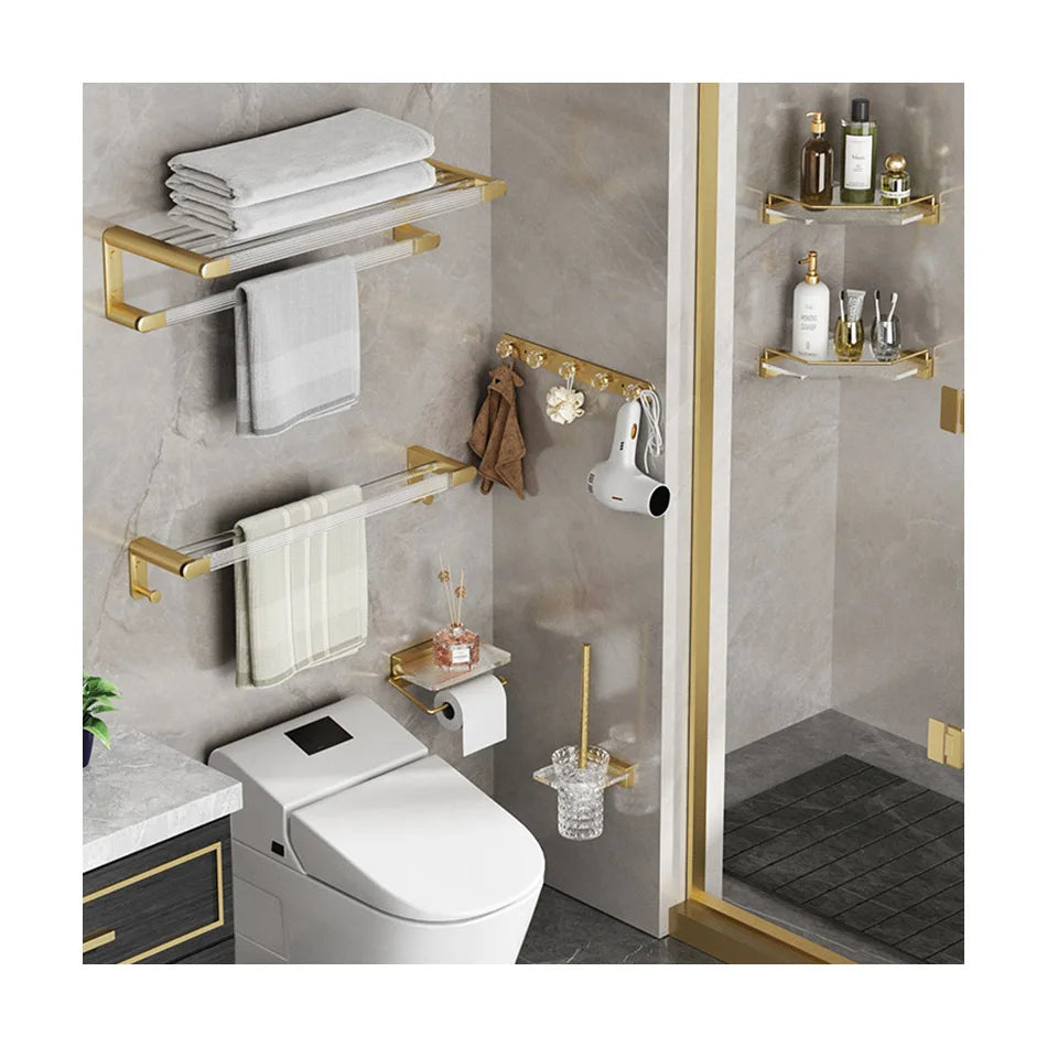Nordic Style Punch-free Acrylic Folding Storage Rack Hardware Accessories Set Gold Towel Rack Floating Shelf Bathroom