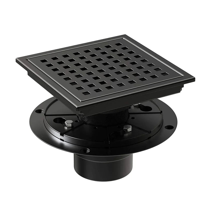 OEM Wholesale 6 Inch Matte Black Square Shower Floor Drain with Removable Flange and Quadrato Pattern Grate Bathroom Floor Drain