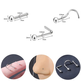 Fashion 7 Figure 2 mm Small Ball Nose Stud L Shape Segment Nose Ring Ear Piercing Jewelry for Men and Women