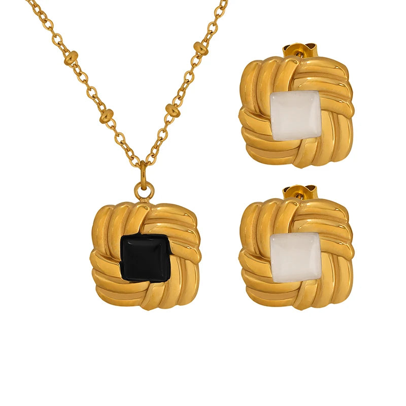Factory Wholesale square White Opal Black Glass Raw Stone Stainless Steel Plated 18K Necklace Earrings Sets