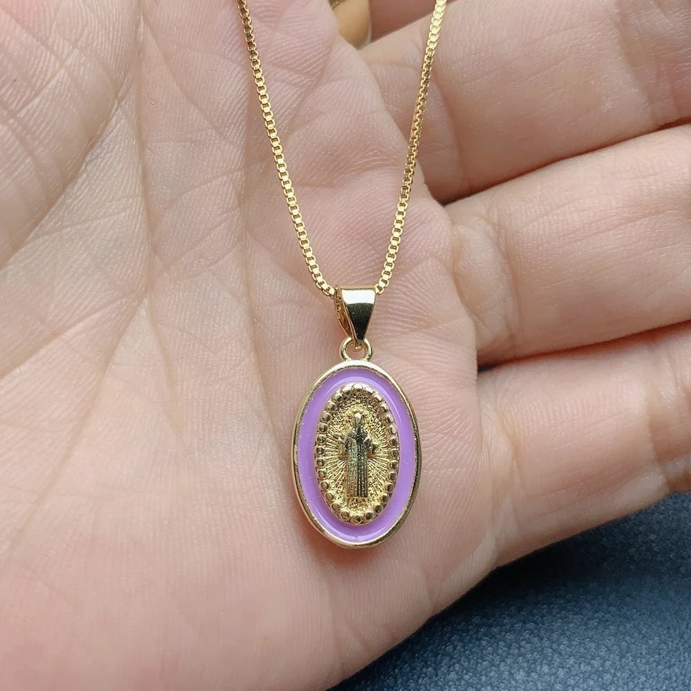 Oval Saint Benedict Necklace for Women 2021 Box Chain Color Enamel Religion Pendant Female Girl Gifts Jewelry