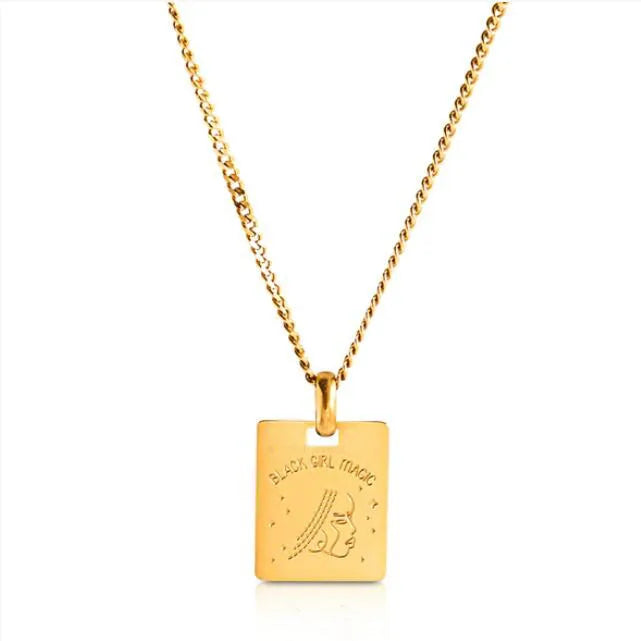 Wholesale Custom Gold Female Necklace Inspired by Black Girl Pendant Fashion Jewelry with Engraved Words Classic Square Design