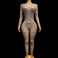 Fashion Mesh Long Sleeve Diamond One Piece Bodysuit Dancer Clothes Plus Size Romper Night Club Women Sexy Rhinestone Jumpsuit