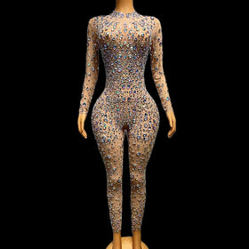 Fashion Mesh Long Sleeve Diamond One Piece Bodysuit Dancer Clothes Plus Size Romper Night Club Women Sexy Rhinestone Jumpsuit