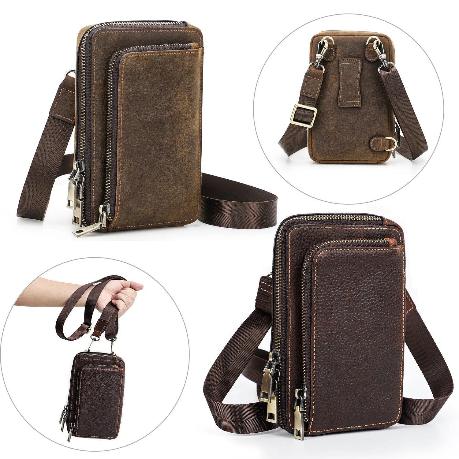 Leather Crossbody Phone Bag for Men Vintage Crazy Horse Leather Waist Bag Pouch with Belt Loop Portable Shoulder Bag