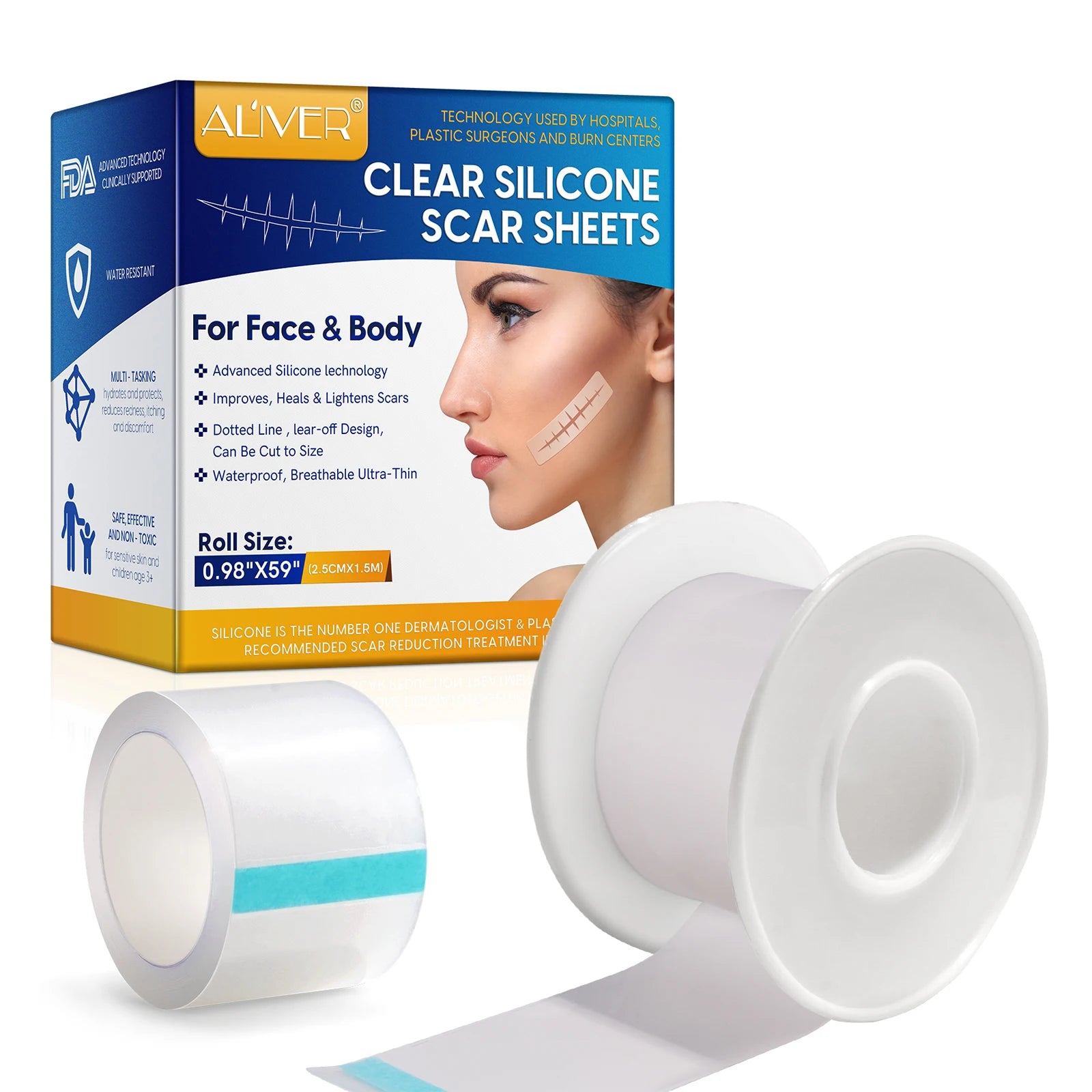ALIVER Transparent Scar Removal Strip Patches Clear Tape Silicone Scar Sheet for Surgery C-Section Keloid Tummy Tuck Acne Scars