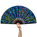 Colourful UV Reflective Large Cute Bamboo Folding Clack Hand Fans for Women Rave Festivals Party