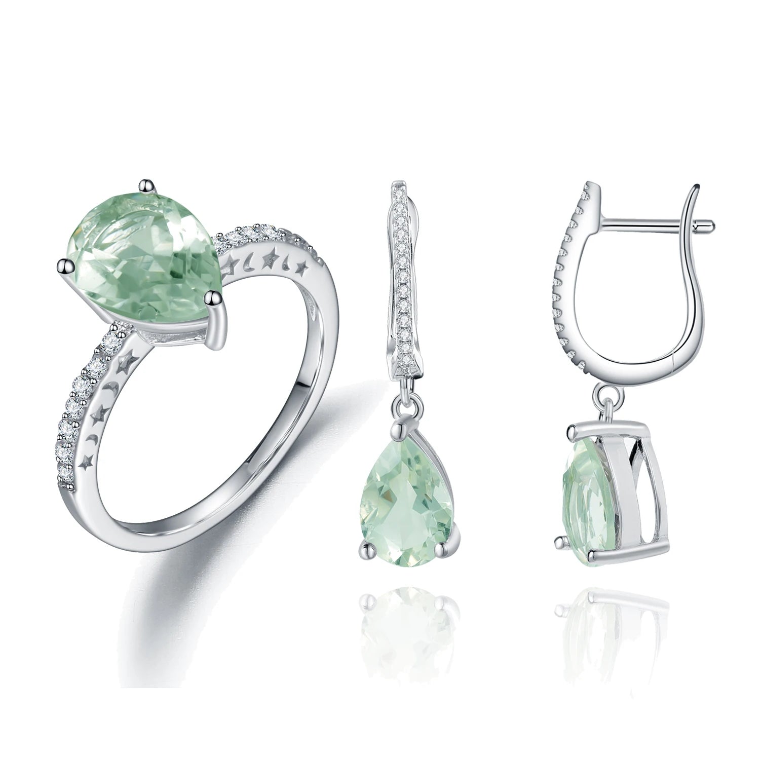 A2982 Abiding Jewelry Custom Perfect Design Pear Shape Prasiolite Gemstone Natural Green Amethyst Sterling Silver Jewelry Set