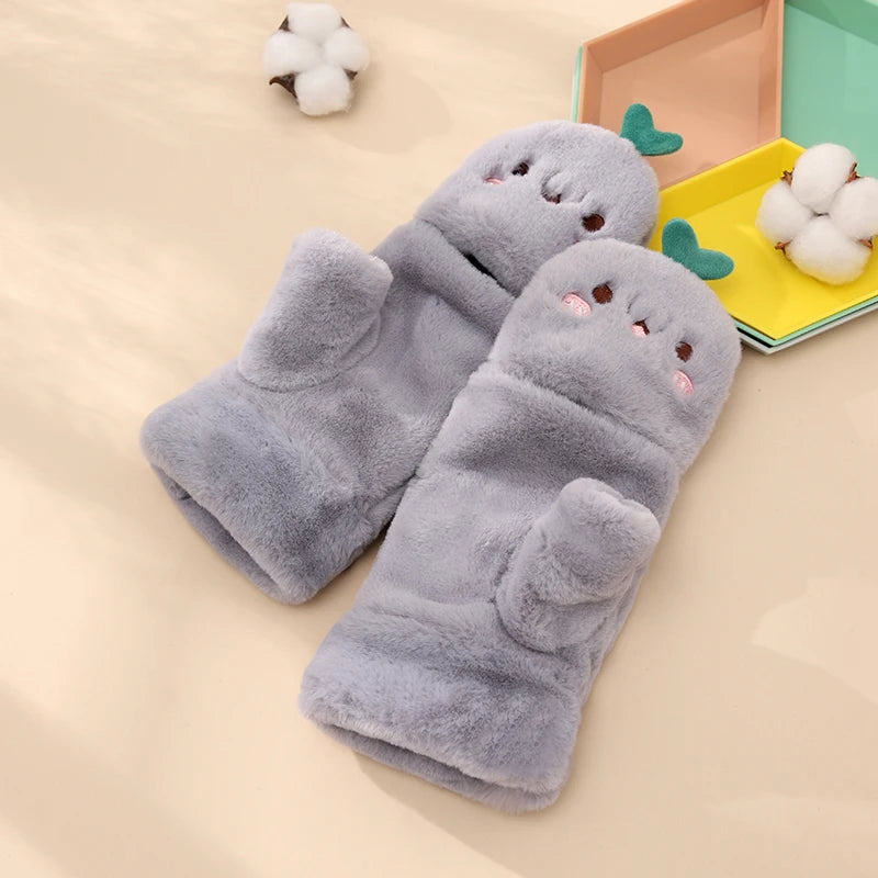 Cute Hand Warm Girls Fur Mittens Bike Cycling Winter Half Finger Flip Gloves