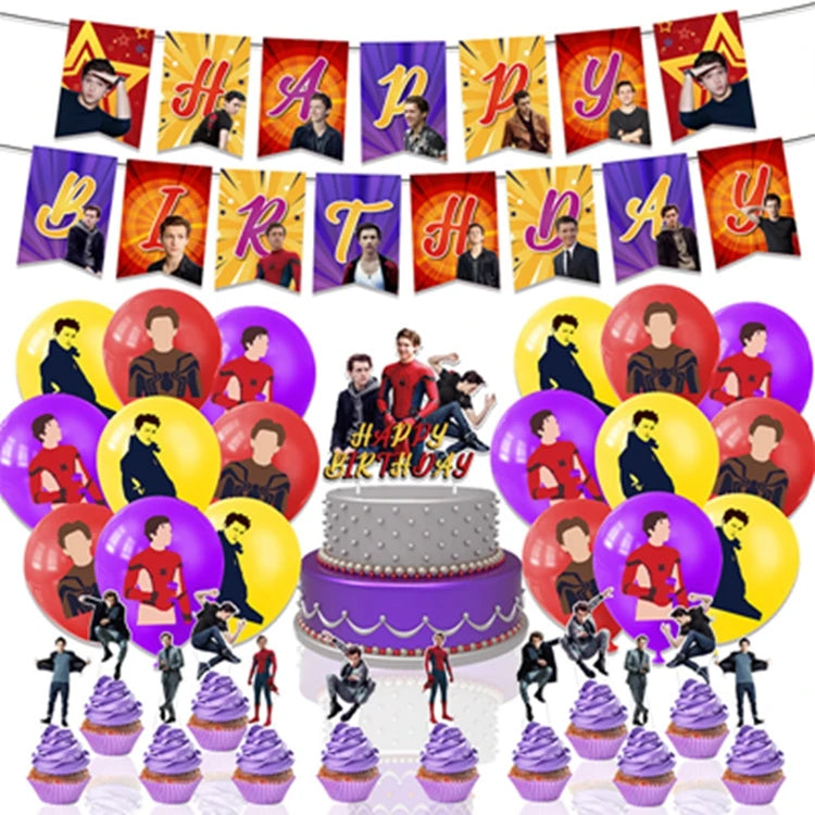 Tom Holland Birthday Party Supplies Set Includes Banner Cake & Cupcake Toppers Balloons-for Fan Celebrations & X4235 Parties