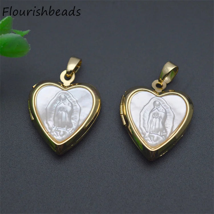 New Design Anti Fading 18K Gold Plated Inlaid Natural Freshwater Shell Photo Box Heart Jesus Locket Pendant for Necklace Making